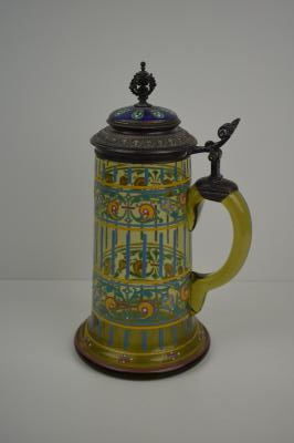 Glass stein with enamel decorations