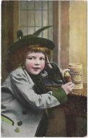 postcard: girl with stein and pipe