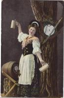 postcard: woman posing with steins and hunting stuff