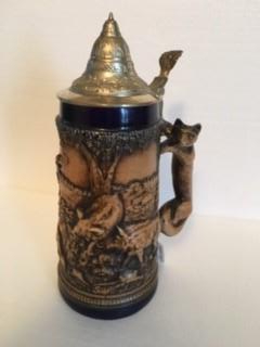 Post 1949 Beer Stein Figural Fox Handle Lidded Hunting Scene