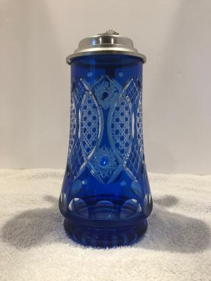 Blue etched glass stein