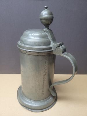 18th century pewter beer stein with historical inscription