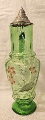 Green Glass Pitcher With Painted Floral Design